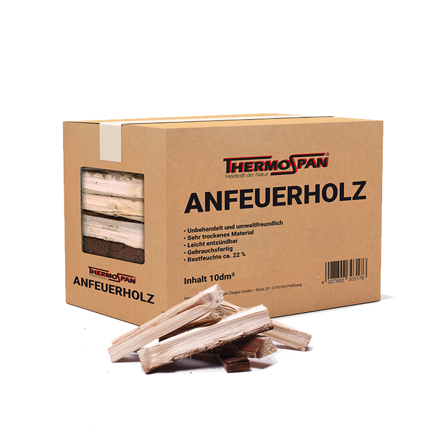 Thermospan® Anfeuerholz – Palette 60 Netze à 10 dm³ – Kiefer & Fichte | Ramsauer Brennholz