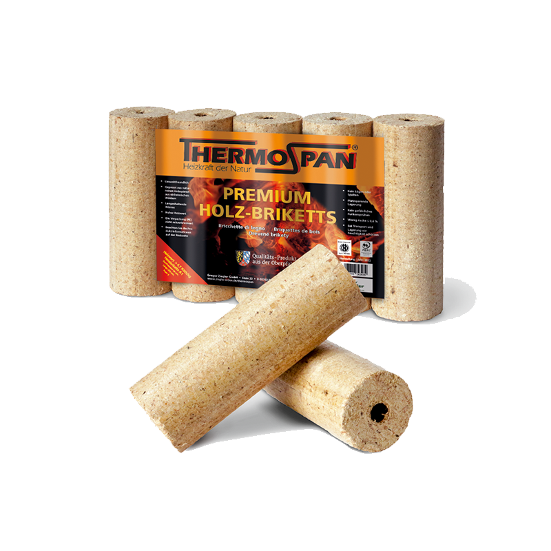 Thermospan® Holzbriketts – 960 kg – Palette 96 × 10 kg – Runde Presslinge | Ramsauer Brennholz